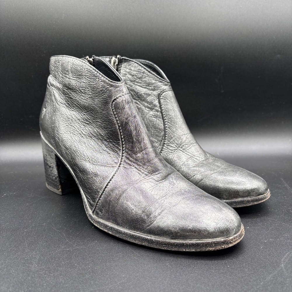Frye Nora Boots Women's 8.5 B Silver Black Leather Side Zip Block Ankle Bootie